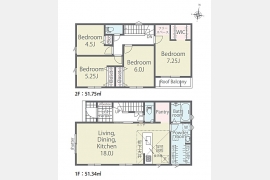 東大和市南街3丁目〈新築〉多摩モノレール「上北台」駅徒歩17分　4LDK　広々LDK18帖　パントリー　ランドリースペース　ウォークインクローゼット　フリースペース　キッチン折下天井　並列駐車2台可　全2棟②号棟