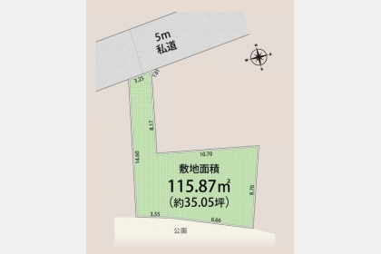 武蔵村山市三ツ藤1丁目〈売地〉西武拝島線「西武立川」駅バス15分停歩5分　教育・公共施設・商業施設などが徒歩圏内に充実　更地渡し　南側公園　陽当たり良好　建築条件なし
