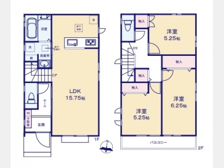 東大和市中央4丁目〈新築〉多摩モノレール「上北台」駅徒歩15分　3LDK　ZEH水準の省エネ住宅　庭先3.2ｍ超え　リビングイン階段　家事動線良好　浄水器　1坪タイプシステムバス　浴室乾燥機　全5棟B号棟