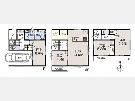 東大和市奈良橋6丁目〈中古〉多摩モノレール「上北台」駅より徒歩13分　2024年3月築の未入居物件　3階建て　パントリー　ビルトインガレージ　