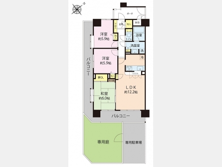 立川市一番町1丁目　西武拝島線「西武立川」駅徒歩14分　専用庭付　南東角部屋に付き陽当たり良好　平置き専用駐車場隣接　商業施設や公園など周辺施設が充実