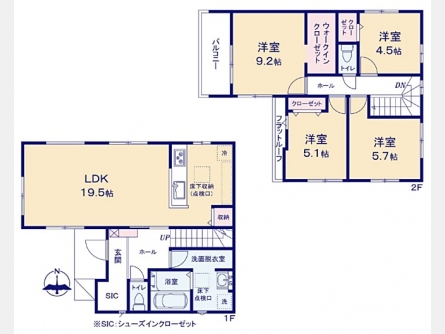 立川市砂川町6丁目〈新築〉西武拝島線「玉川上水」駅徒歩14分　4」LDK　　リビング広々19.5帖　シューズインクローゼット　ウォークインクローゼット　浄水器　食洗機　浴室暖房乾燥機　駐車2台可