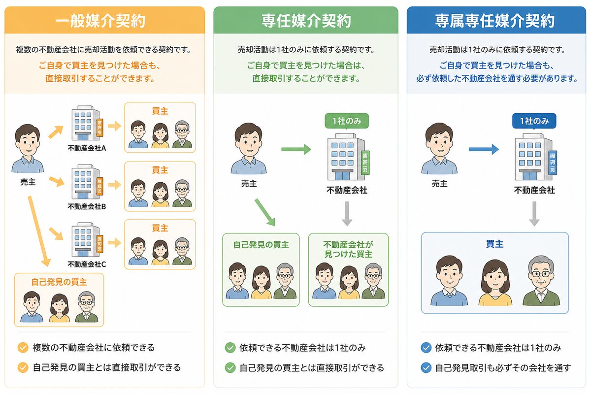 媒介契約の3種類の比較図(専属専任媒介契約・専任媒介契約・一般媒介契約の違い)