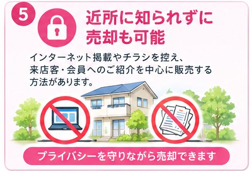 5. 近所に知られずに売却も可能 インターネット掲載やチラシを控え、来店客・会員へのご紹介を中心に販売する方法があります。
