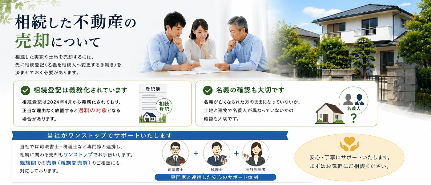 相続した不動産の売却について:相続登記は2024年4月から義務化。名義の確認も大切。司法書士・税理士と連携したワンストップサポート体制で親族間売買にも対応